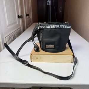 Versace Parfums Crossbody Wristlet Bucket Bag Black Silver Metallic Nylon